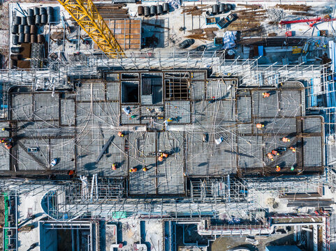 Aerial view of construction site foundation