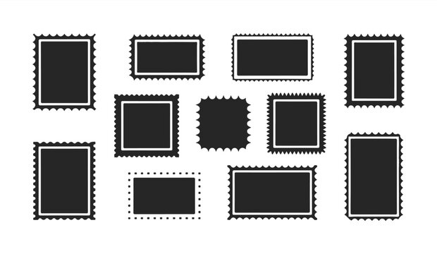 Set of black stamp frames with jagged edges isolated on white background for design work.