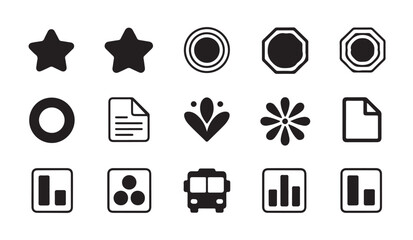 Various black icons with circles stars flowers and business symbols like bus and document. © parul