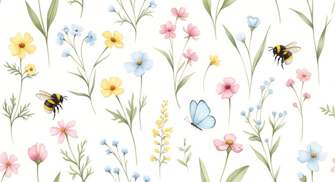 Watercolor wildflowers and bumblebees pattern with delicate blue butterfly