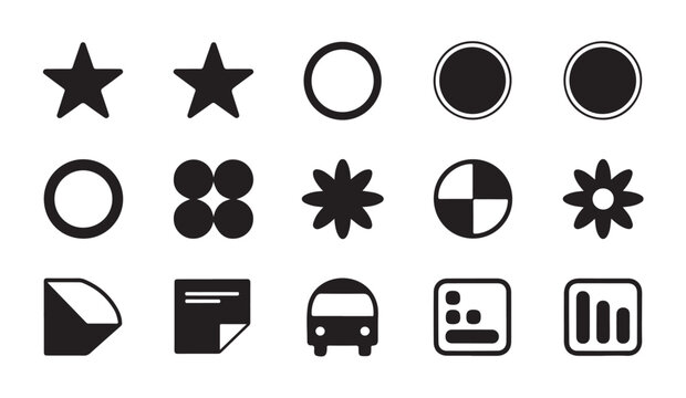 Collection of simple black outline and filled geometric shapes like stars circles and flowers.