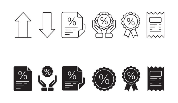 Black and white icons representing percentages document icons hands and receipt for finance and sales.