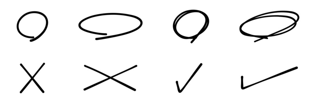 サインペンで描いたような手書きの丸とバツとチェックマークのイラストセット