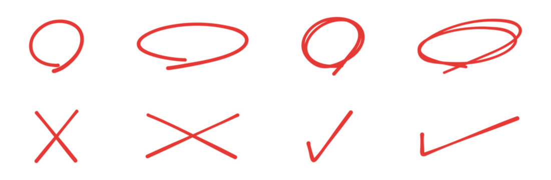 赤ペンで描いたような手書きの丸とバツとチェックマークのイラストセット