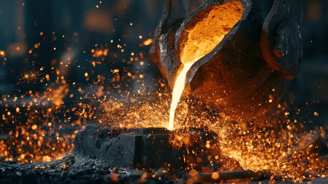 Glowing molten metal pouring from a crucible into a mold with flying sparks.