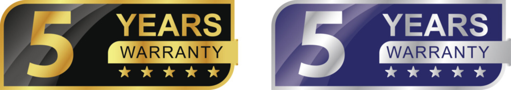 5 year warranty logo. Rhombus shape with gold and silver colors, for labels, badges, icons, . Vector illustration