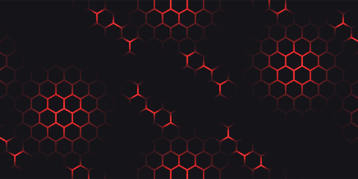 Hexagon game background with glowing red honeycomb grid on black surface. Abstract geometric pattern of connected cells for futuristic interface design. Digital technology bg with luminous edges.