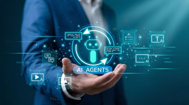 Multi AI agents concept with virtual chatbot icons and automation workflow, representing intelligent systems collaboration, generative artificial intelligence and digital business transformation.