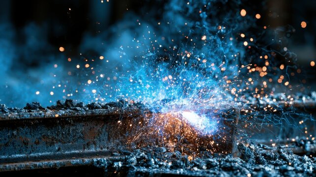 Bright blue welding sparks fusing two thick heavy steel beams together.