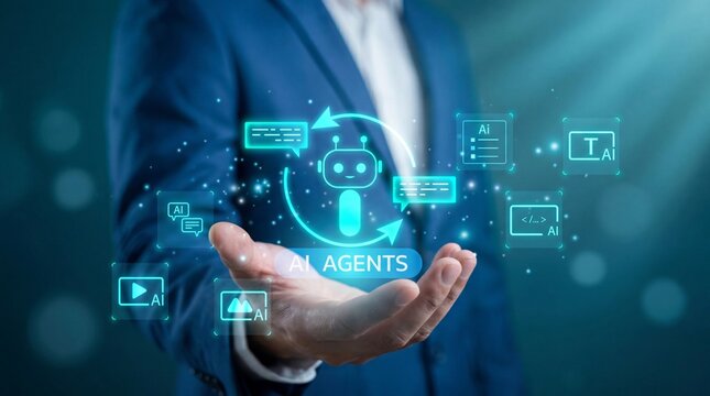 Multi AI agents concept with virtual chatbot icons and automation workflow, representing intelligent systems collaboration, generative artificial intelligence and digital business transformation.
