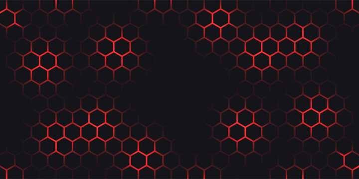 Hexagon game background with glowing red honeycomb grid on black surface. Abstract geometric pattern of connected cells for futuristic interface design. Digital technology bg with luminous edges.