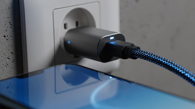Smartphone charging from wall adapter with glowing indicator light