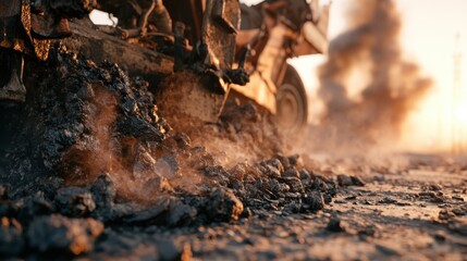 Fototapeta premium Steaming hot asphalt being poured from a paving machine onto a new highway.