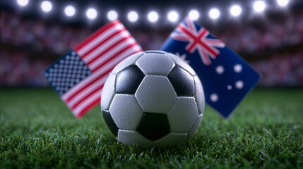 Fototapeta premium Soccer ball on stadium grass between United States vs Australia national flags, international football match concept under dramatic stadium lights