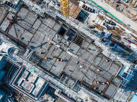 Aerial view of construction site foundation