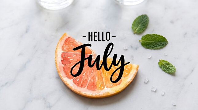 Watercolor grapefruit slice with hello july text on marble