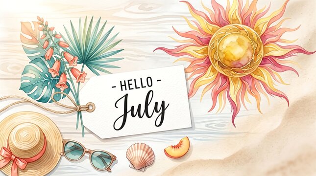 Watercolor hello july tag with sun and summer accessories