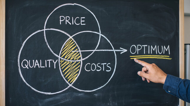Business professional explaining the optimum intersection of quality price and costs diagram drawn with white and yellow chalk on a dark classroom blackboard surface