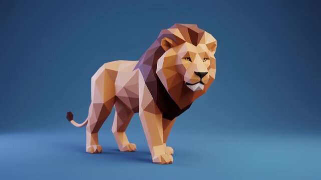 Low poly 3D animated lion walking on blue background