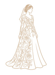 Fototapeta premium Elegant Bride in Floral Lace Wedding Gown Line Art Illustration