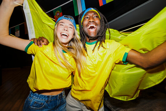 Supporters cheering for brazil team at sport event