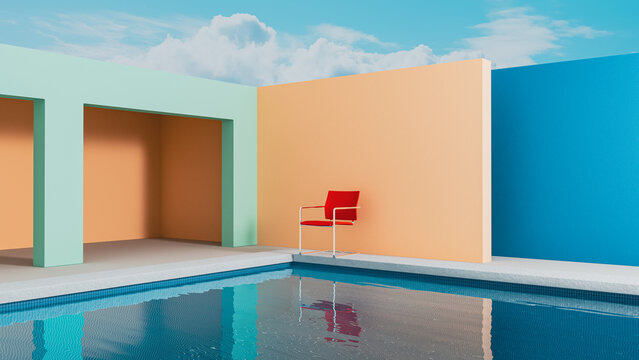 Bright interior of a swimming pool with surrealist chair design