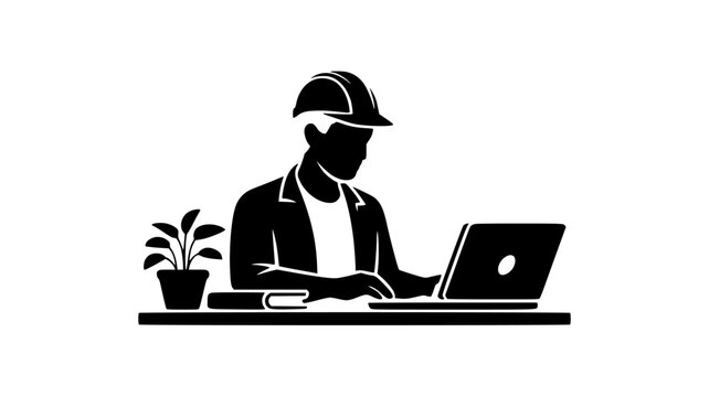 Construction Engineer Working on Laptop at Desk Vector Silhouette Illustration