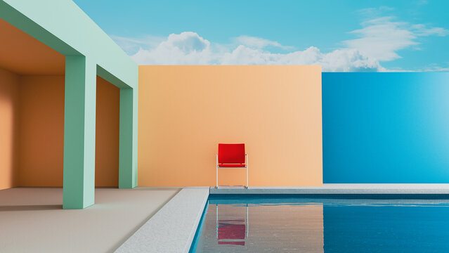 Bright interior of a swimming pool with surrealist chair design