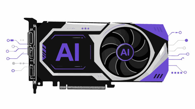 Vector illustration of a futuristic AI graphics card with circuit patterns on a white background