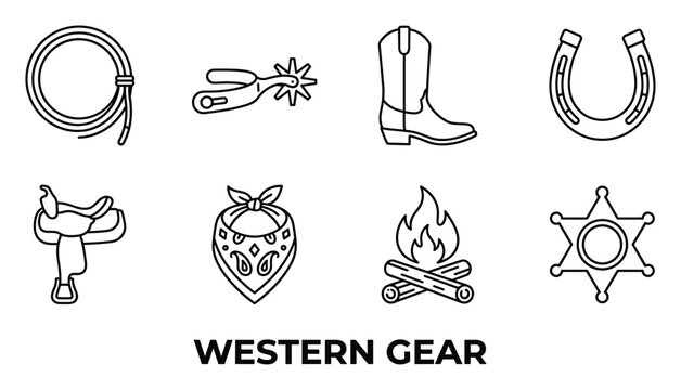 Collection of outline vector icons depicting western gear such as lasso boot horseshoe campfire sheriff badge.