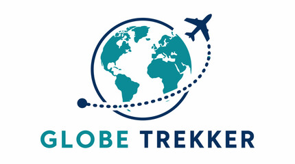 Fototapeta premium Globe illustration with airplane circling and 'Globe Trekker' text, vector graphic