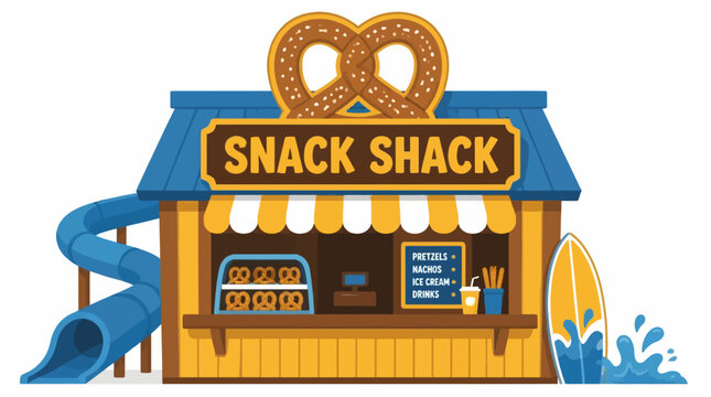 Snack Shack with Pretzel Sign and Surfboard, Summer Beach Vibe