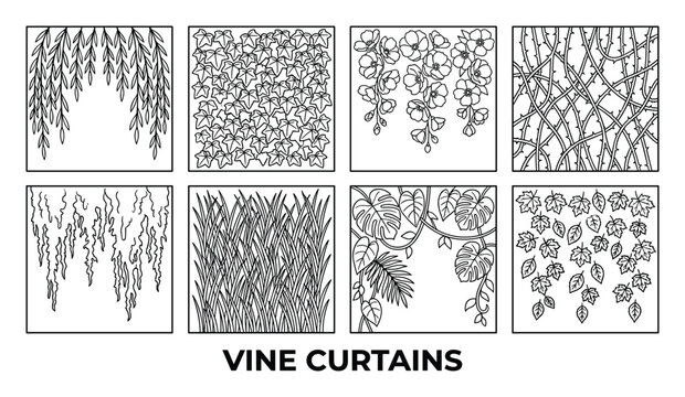 Line art collection of vine curtains featuring various plant types for interior design decorative use.