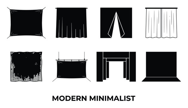 Modern minimalist black and white silhouette icon set of various fabric drapes and hanging backdrops.