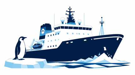 Icebreaker ship sailing through frozen arctic waters with a penguin on an ice floe, vector illustration. © rexus