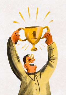 Man Celebrating Victory Holding Trophy Number One