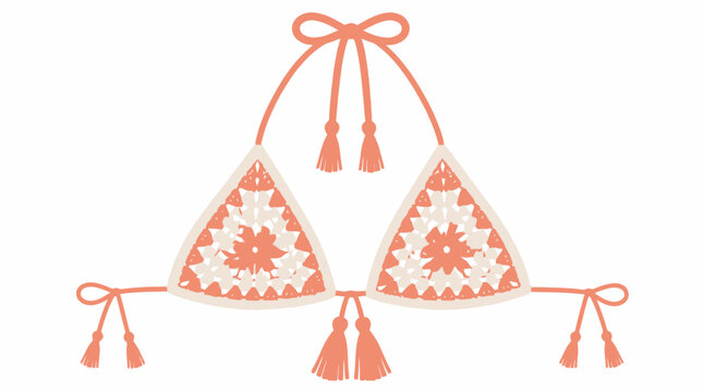 Crocheted bikini top with tassels, boho style, summer fashion graphic element