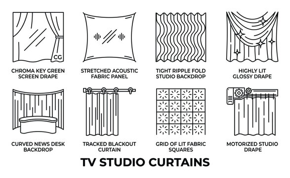 Set of line icons depicting tv studio curtains and professional stage backdrops for broadcast design.
