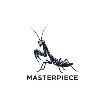 Powerful praying mantis logo in black and white
