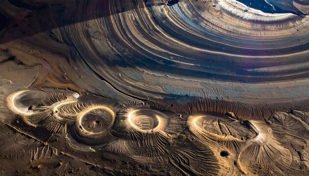 Aerial view of open pit mine terraces and excavation patterns in earth
