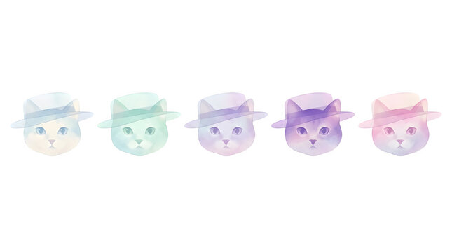 Cats wearing hats in pastel colors on white isolated on transparent background