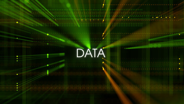 Data themed title presentation within a futuristic green technology network featuring glowing digital pathways, abstract communication structures, and advanced information visuals.
