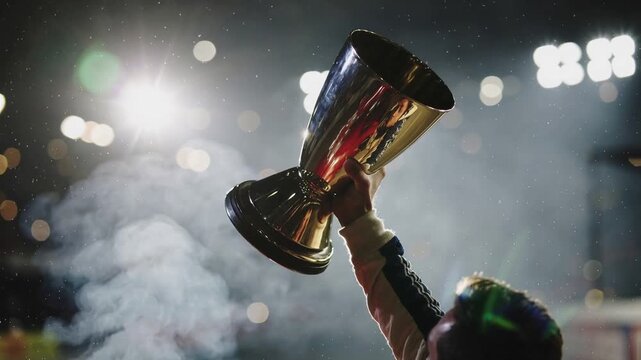 Person holding up a shiny trophy.