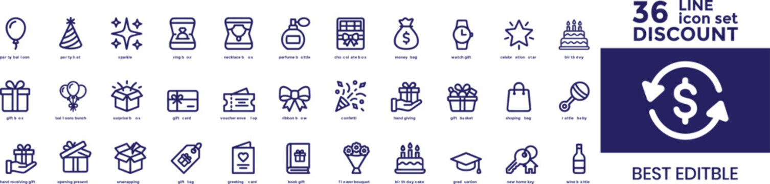 Gift web icons in line style. Bonus, award, prize, discount, birthday, gift box, Discount icon set silhouette 36 editable line icons for celebrations and gifts