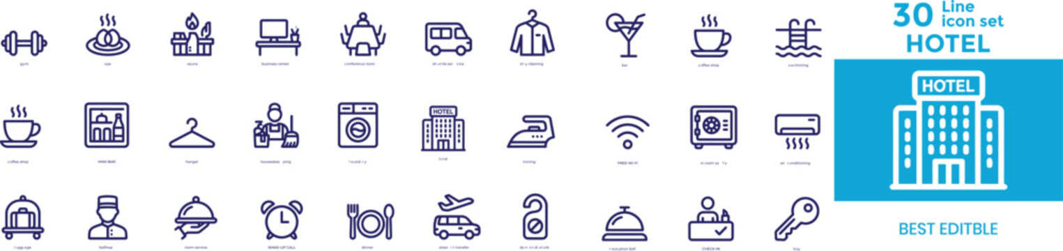Concierge and hotel service icon set, reception, bellboy, luggage, front desk, hospitality, booking, guest assistance. Hotel icon set silhouette 30 editable line icons for hospitality and travel