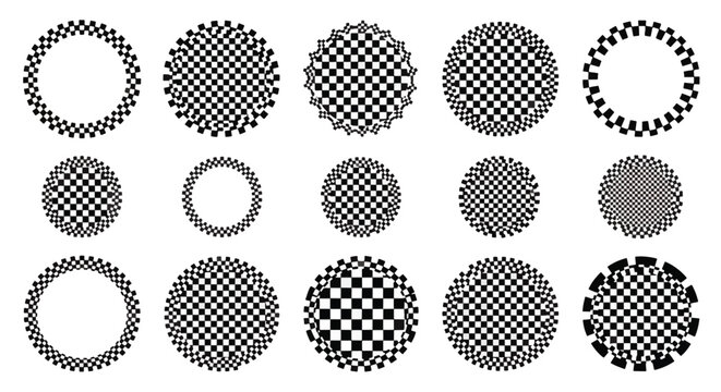 Set of black and white checkered circles and frames.