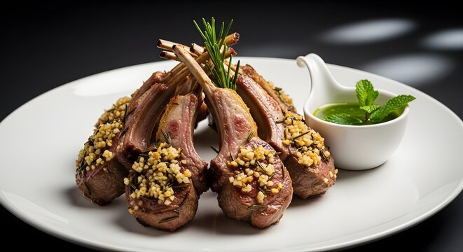 Herb crusted rack of lamb with mint sauce gourmet fine dining presentation