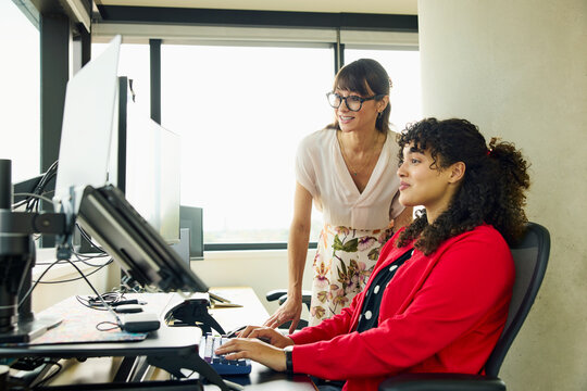 Business Team Members Work Together at a Computer