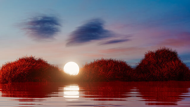 Surreal landscape with a sphere above a lake during sunset