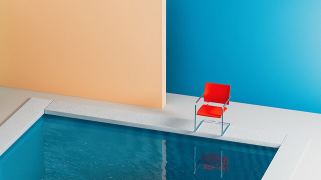 Bright interior of a swimming pool with surrealist chair design
